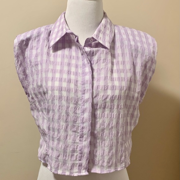 NWOT Zara Shoulder Pad Cropped Gingham Button Down Top - Picture 9 of 9